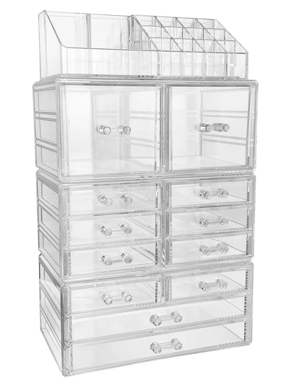 Clear Acrylic Cosmetic Organizer with Multiple Drawers and Top Compartments